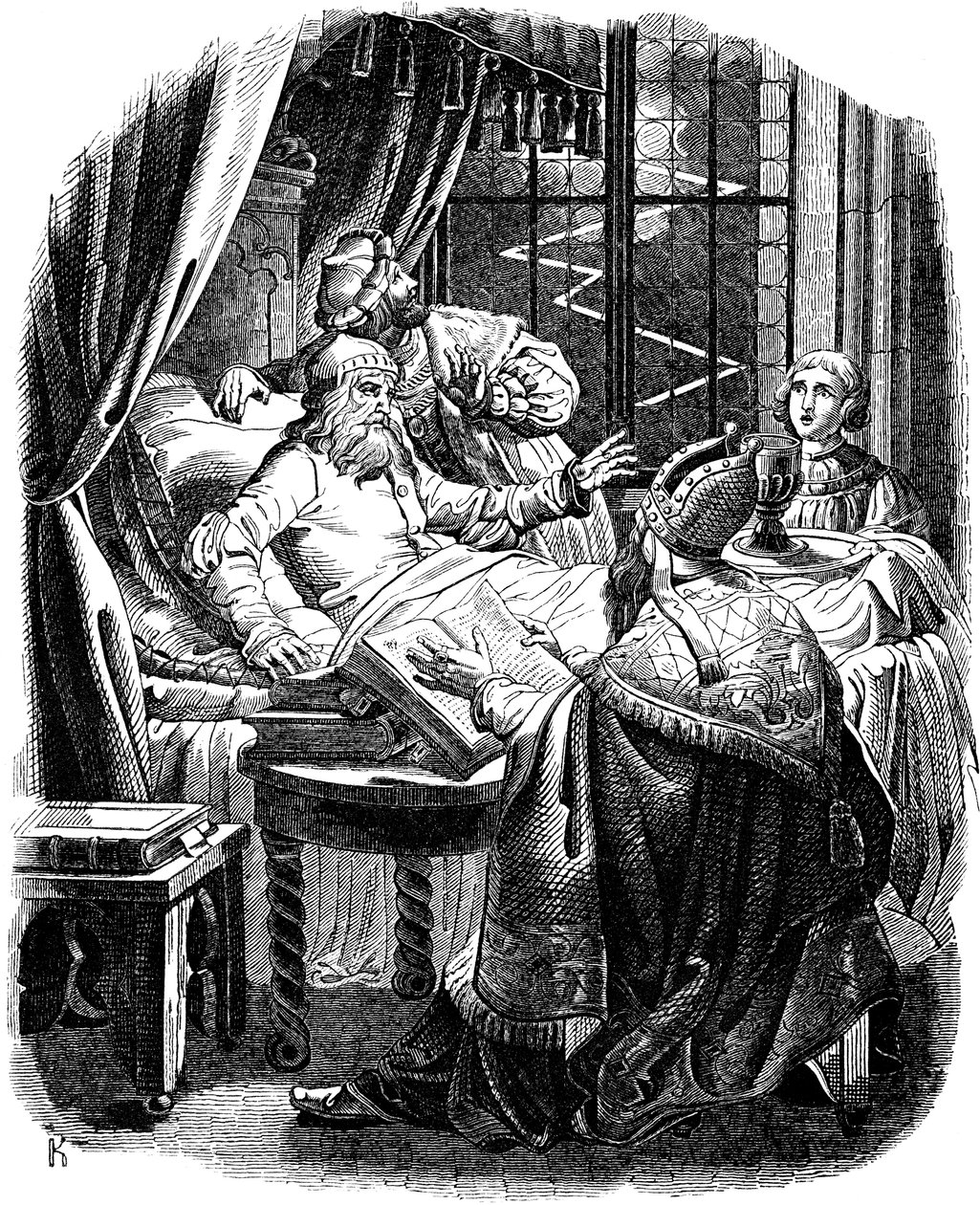 1840年にE.ダラーがドイツ人の歴史から描いた、ブランスヴィークでの死の前のライオンヘンリー 作： ヨハン・ヤコブ・キルヒホフ
