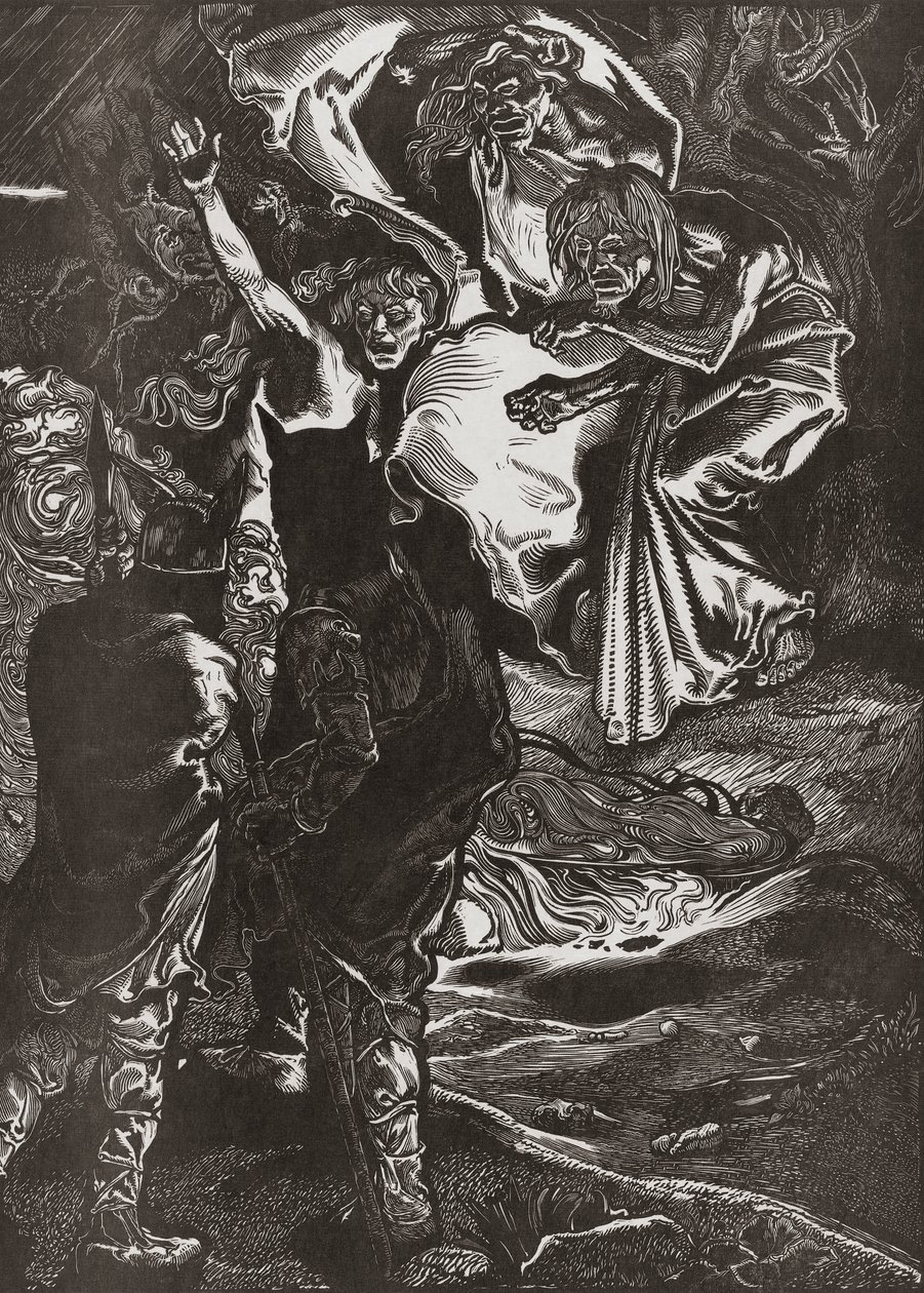 Macbeth e Banquo conhecem as três bruxas, século XX (gravura) 作： ヨハン・ジョセフ・アーツ