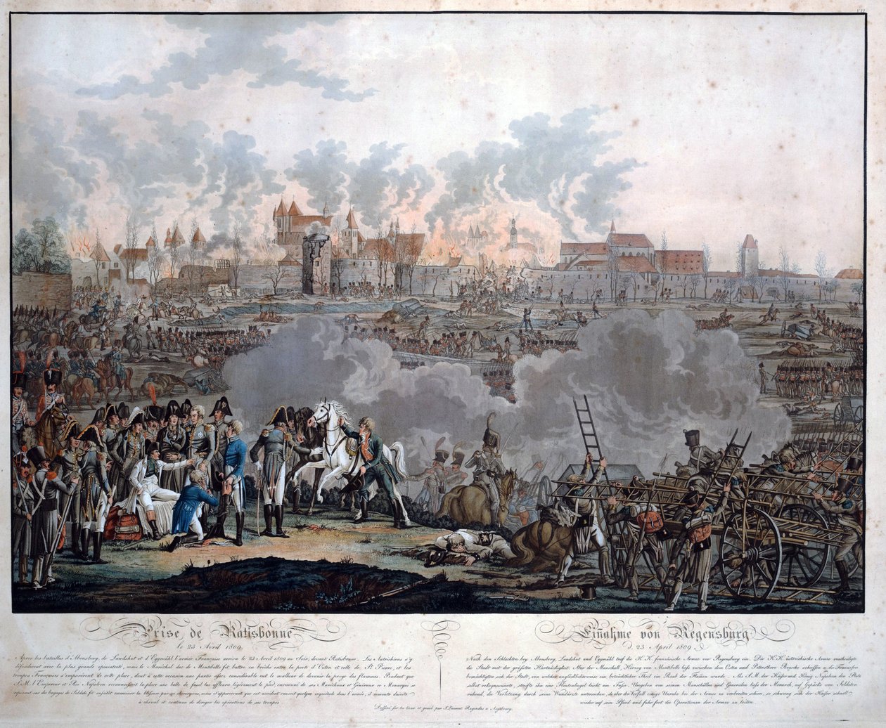 1809年4月23日のラチスボンの戦い（bataille de Ratisbonne ou Regensburg） - Rugendas, Johann Lorenz, the Younger (1775-1826) - 1809 - Aquatint - 54,6x65,4 - Private Collection 作： Johann Lorenz Rugendas