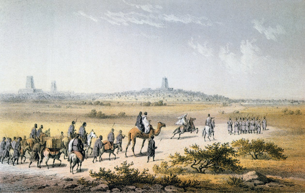 Eberhard Emminger（1808-85）によって刻まれたバースによる「北アフリカと中央アフリカの旅と発見」から1853年にハインリッヒバース（1821-65年）のキャラバンがティンブクトゥに侵入した1857年（colou）の彫刻 作： ヨハン・マーティン・ベルナッツ