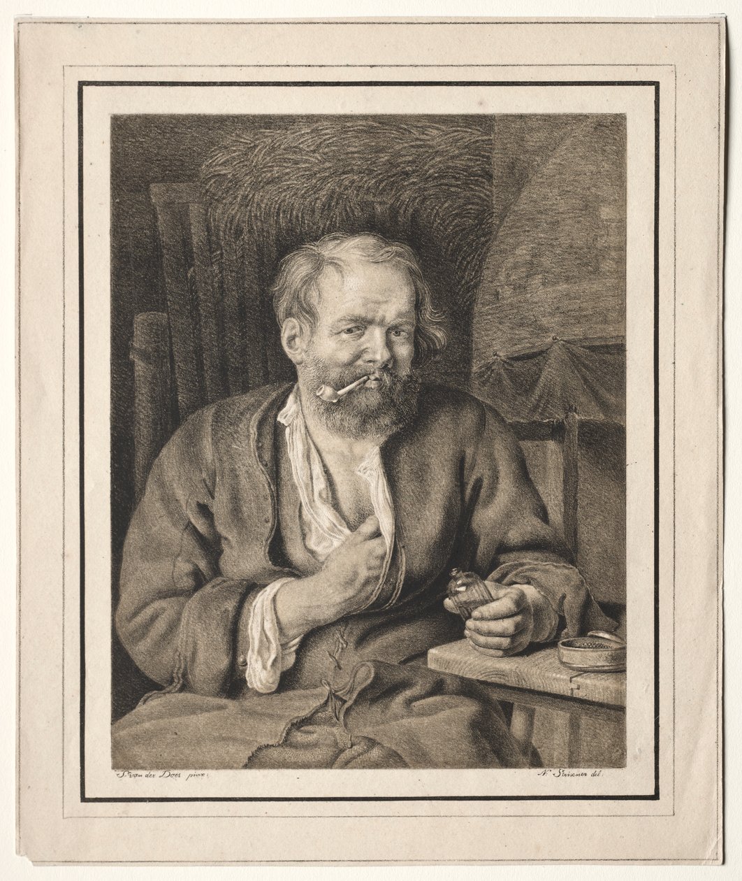 テーブルに座ってパイプを吸う農民 作： Johann Nepomuk Strixner