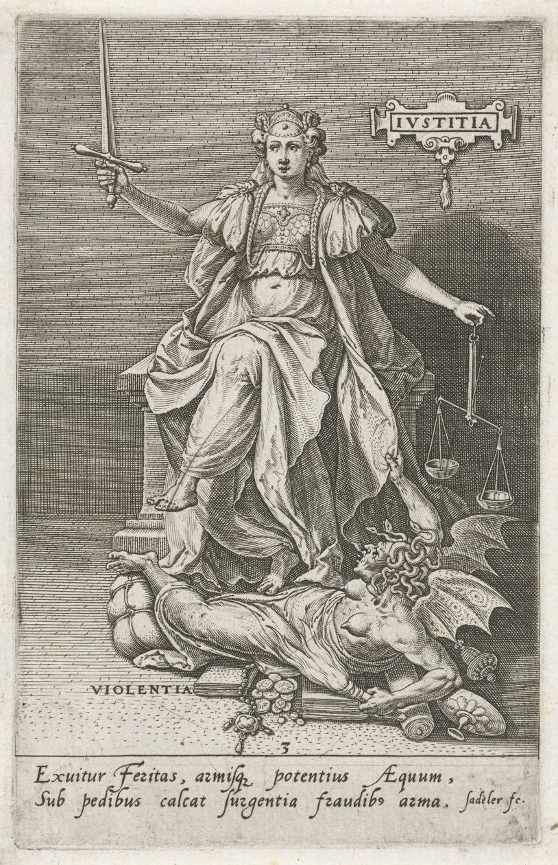 正義 (Justitia) は暴力 (Violentia) に打ち勝つ 正義 (オブジェクトのタイトル) 美徳は悪徳に打ち勝つ（シリーズタイトル） 作： ヨハン・サデラー（I）
