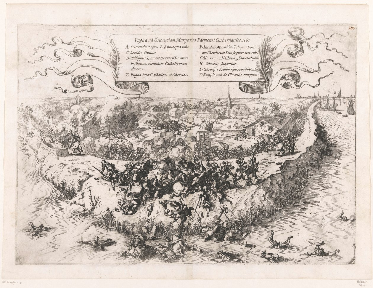 オースターヴェールの戦い、1567年 Pugna ad Osteruelam、Margarita Parmensi Gubernatrice。 1567 (オブジェクトのタイトル) 作： ヨハン・ヴィルヘルム・バウアー