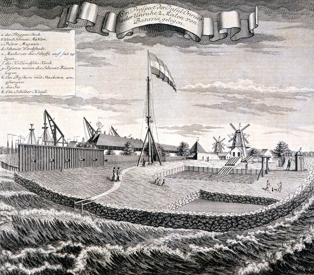 パブ、バタビアから 2 マイルの島にあるオランダ東インド会社の木材または製材所。 1744年。 作： ヨハン・ヴォルフガング・ハイト