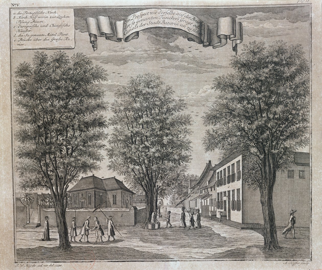 1744年にニュルンベルクで出版されたバタビアの「シャウプラッツフォンアフリカウントインディエン」の一連の眺めからの、バタビアのストリートにあるポルトガル教会と中国とヨーロッパの家 作： ヨハン・ヴォルフガング・ハイト