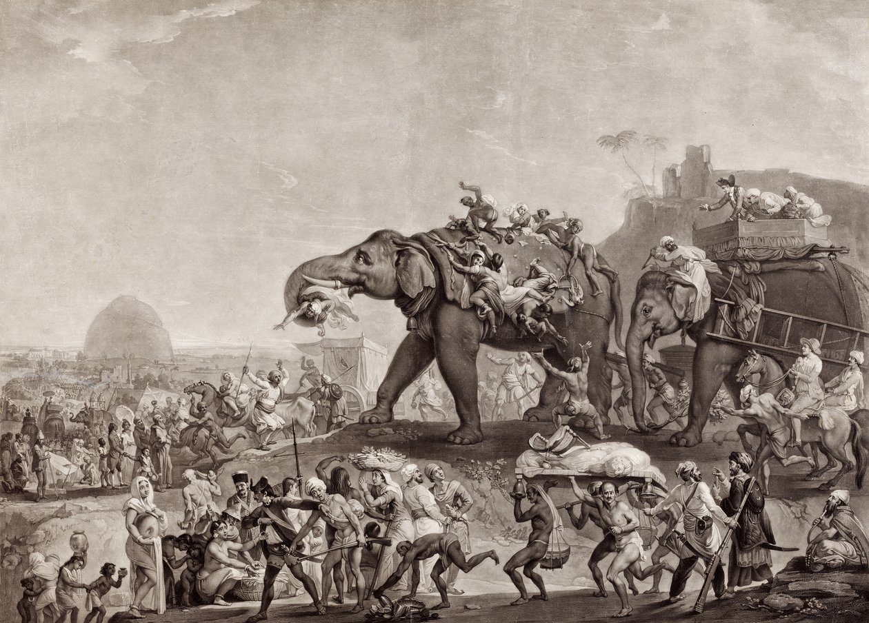 1788年にパウナ経由でアウデのヴィジエからカルカッタまでハイデルベック大使館、コーンウォリス卿に会うため、pub.c.1800（メゾティント） 作： ヨハン・ジョセフ・ゾファニー