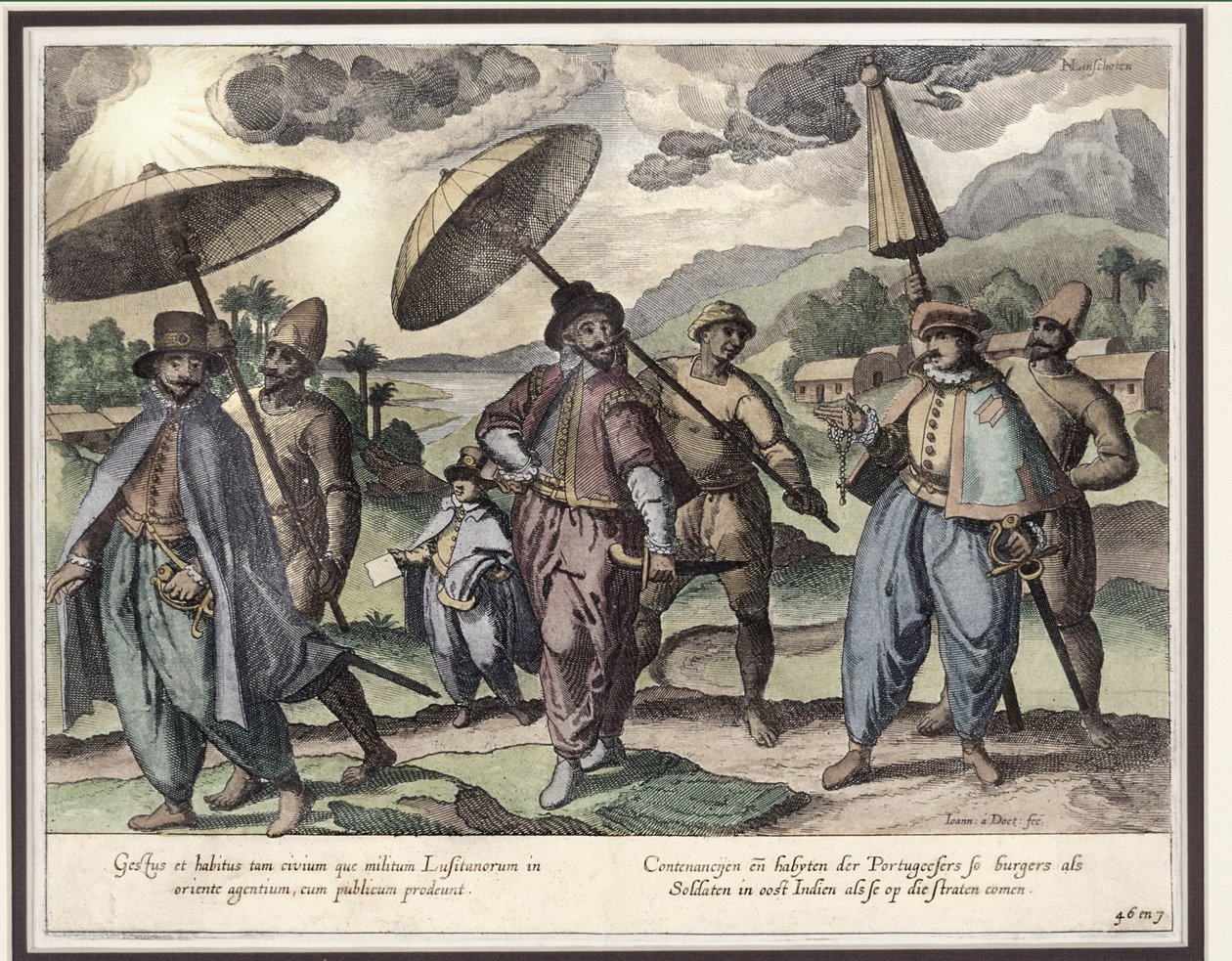ゴアのポルトガル語、「Jan Huyghen van Linschoten、東インド諸島と西インド諸島への航海の談話」、1579年から92年の図（カラー彫刻） 作： ヨハネス・バプティスタ・ファン・ドテクトゥム・ザ・ヤング