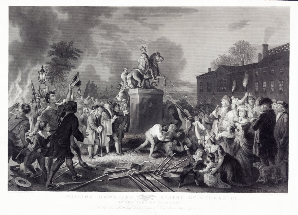 1776年7月、ニューヨーク市のボウリンググリーンにあるパブの息子の自由によるジョージ3世の像の引き下げ。 1875 作： エルテル後のヨハネス・アダム・サイモン