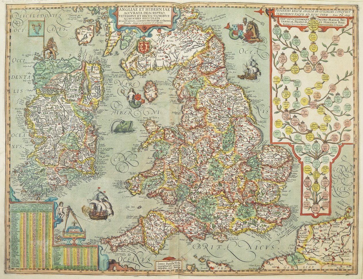 1606 年に描かれたイングランドとアイルランドの地図 (カラー彫刻) 作： ジョン・バプティスタ・ヴリンツ