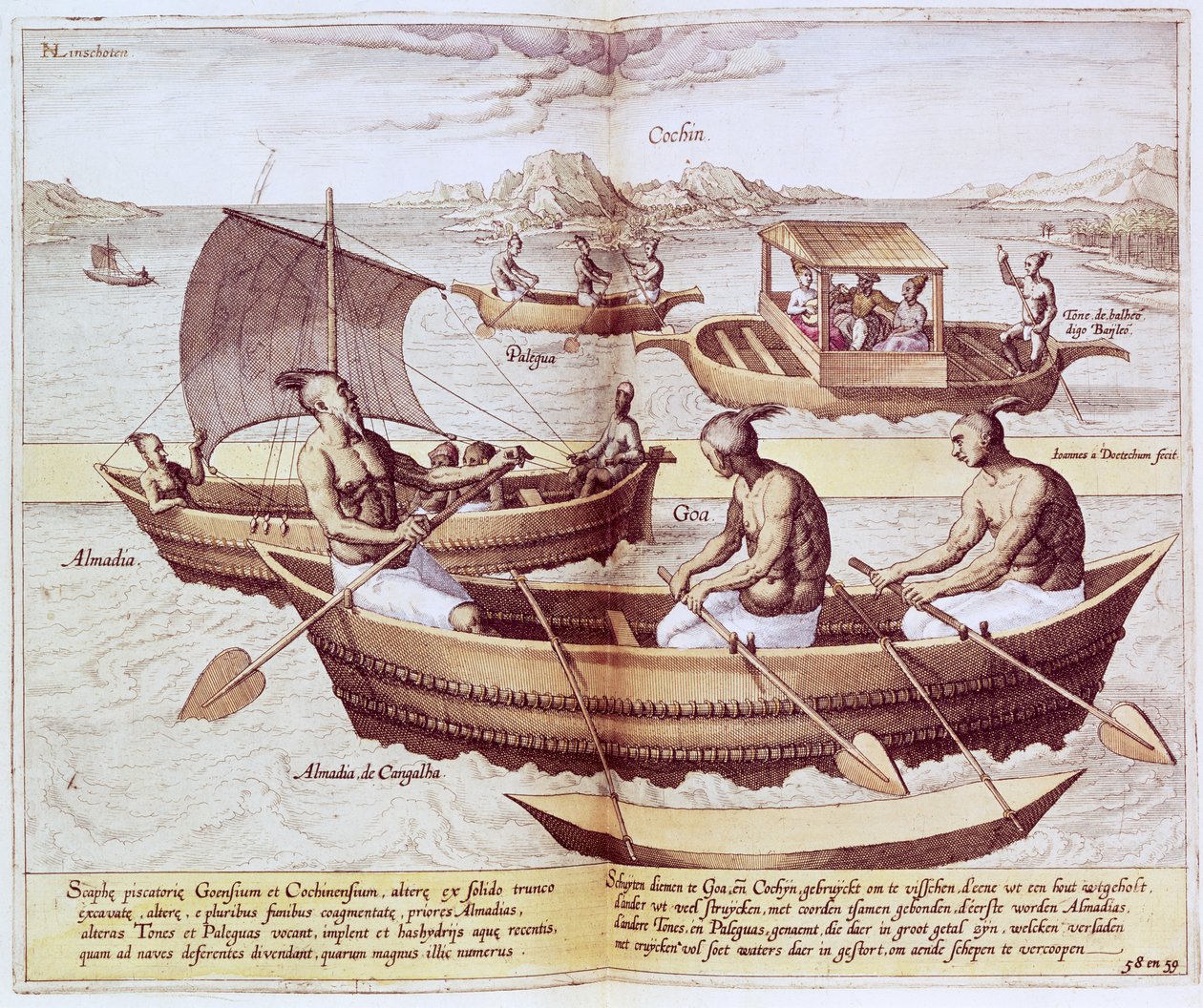 ゴアのボート、「Jan Hughen van Linschoten、彼の東西インド航海談話」、1579-92の図 作： ヨハネス・バプティスタ・ファン・ドテクトゥム・ザ・ヤング