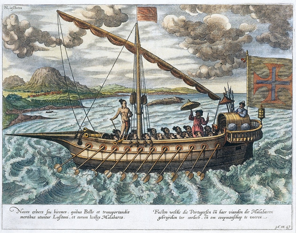 フスタ、「Jan Huyghen van Linschoten、東西インド諸島への航海談話」の挿絵、1579-92 作： ヨハネス・バプティスタ・ファン・ドテクトゥム・ザ・ヤング