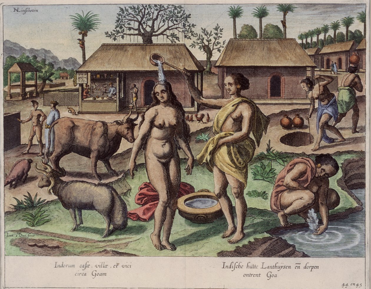 ゴアでの生活、「Jan Huyghen van Linschoten、彼の東西インド諸島への航海の談話」、1579〜92年の図（カラー彫刻） 作： ヨハネス・バプティスタ・ファン・ドテクトゥム・ザ・ヤング