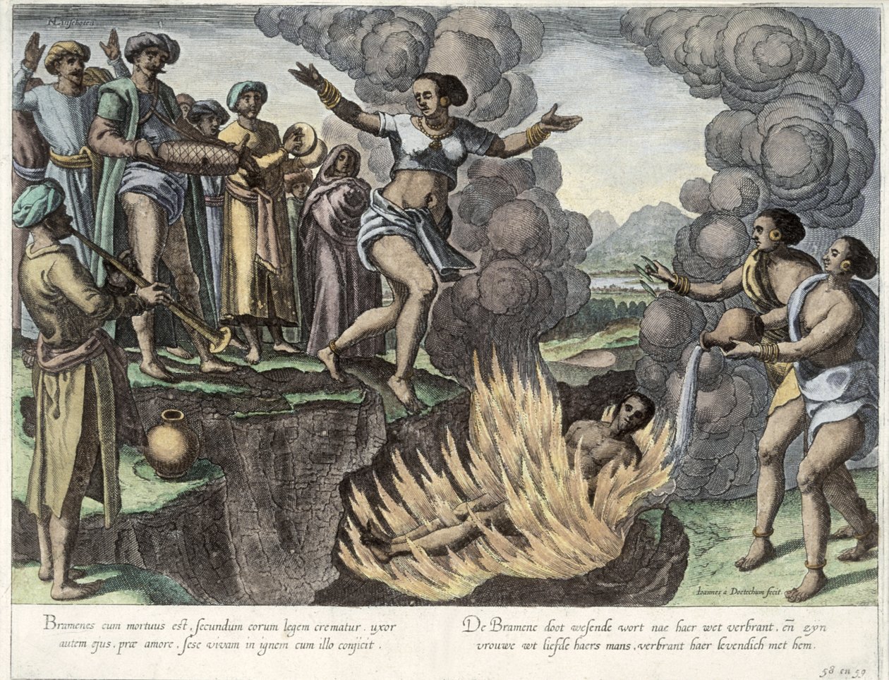 サティ、「Jan Huyghen van Linschoten、彼の東西インド諸島への航海の談話」からのイラスト、1579-92（カラー彫刻） 作： ヨハネス・バプティスタ・ファン・ドテクトゥム・ザ・ヤング