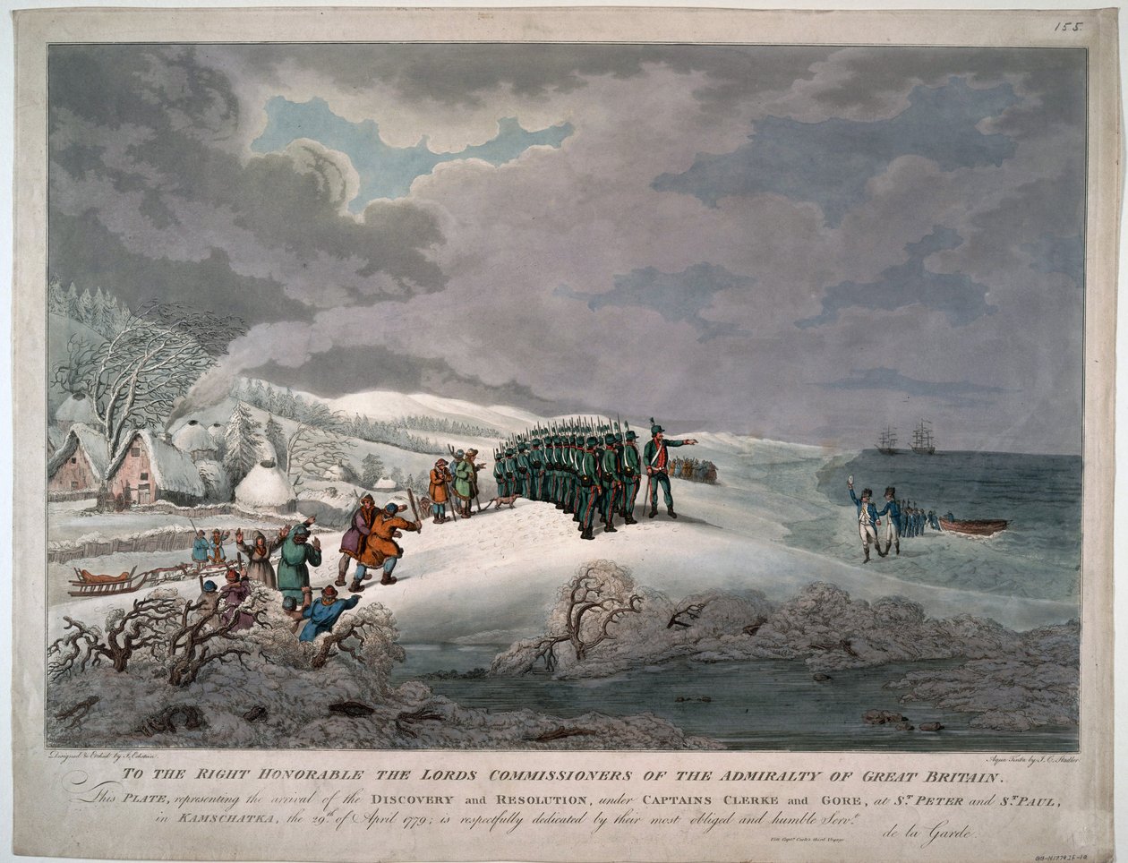 キャプテン チャールズ クラーク (1740-1779) とジョン ゴア (mort en 1790) の下でのカムチャツカの東海岸への解決と発見の到着 - エクスタイン、ヨハネス (1735-1817) - 1779 - アクアティント - 51x65,8 - 個人蔵 作： ヨハネス・エクシュタイン