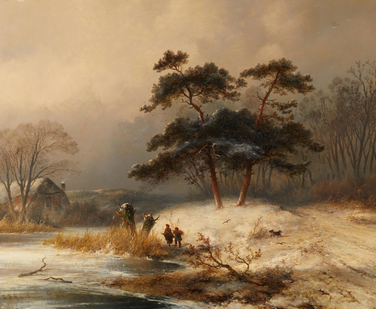 ヨハネス・フランシスカス・ホッペンブルーの冬の森での薪拾い 作： Johannes Franciscus Hoppenbrouwers