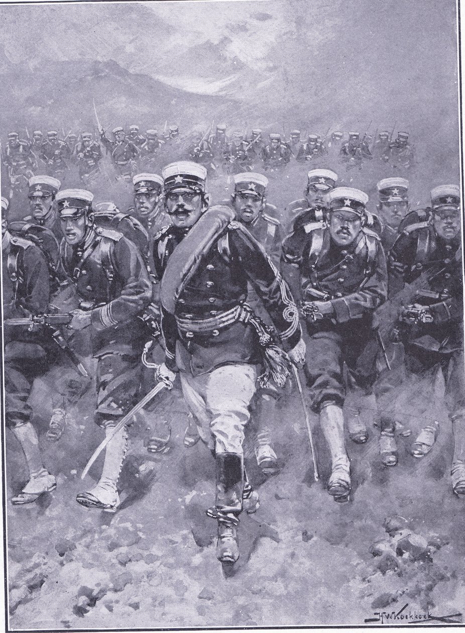 日本の歩兵の担当、イラスト「日露戦争のカッセルの歴史」第1巻、1900年 作： ヨハネス・ヘルマン・バレンド・コッコエク