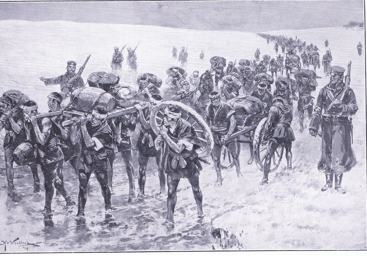 行進中の日本人。パックポニーの代わりの男性、カッセルの日露戦争の歴史Vol 1、c.1900からのイラスト 作： ヨハネス・ヘルマン・バレンド・コッコエク