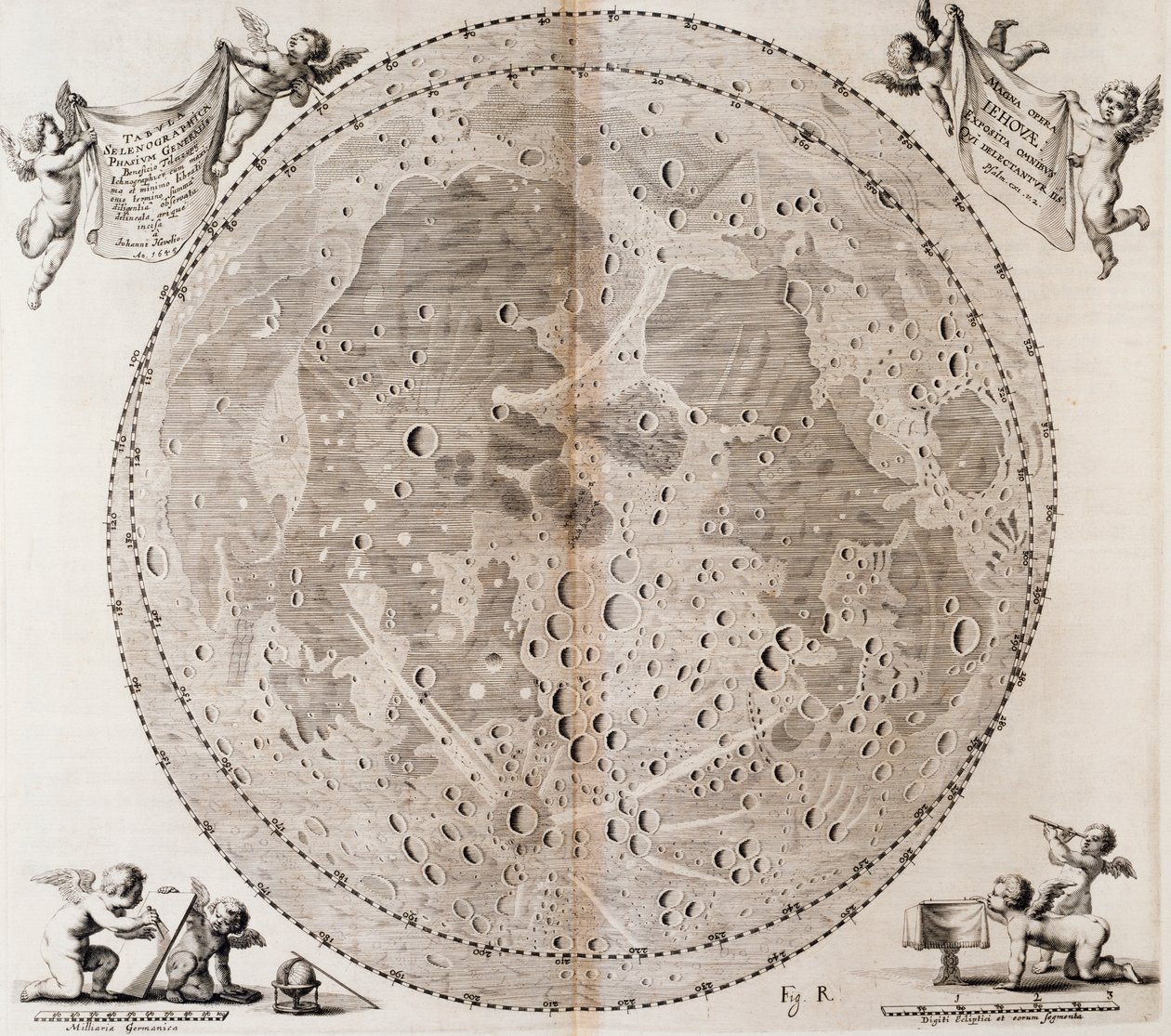 1647年にヨハン・ヘベリウスが描いた最初の月の詳細な地図（ヨハン・ヘベリウス（1611-1687）の天体アトラス『Selenographia sive Lunae descriptio』からのプリント 作： ヨハネス・ヘベリウス