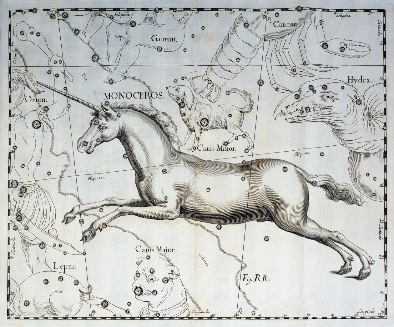 Monoceros, yksisarvisen tähdistö, kaiverrus Firmamentum Sobiescianum sive Uronographiasta taivaallisesta atlasista, Johann Hevelius (1611-1687), Gdansk 作： ヨハネス・ヘベリウス