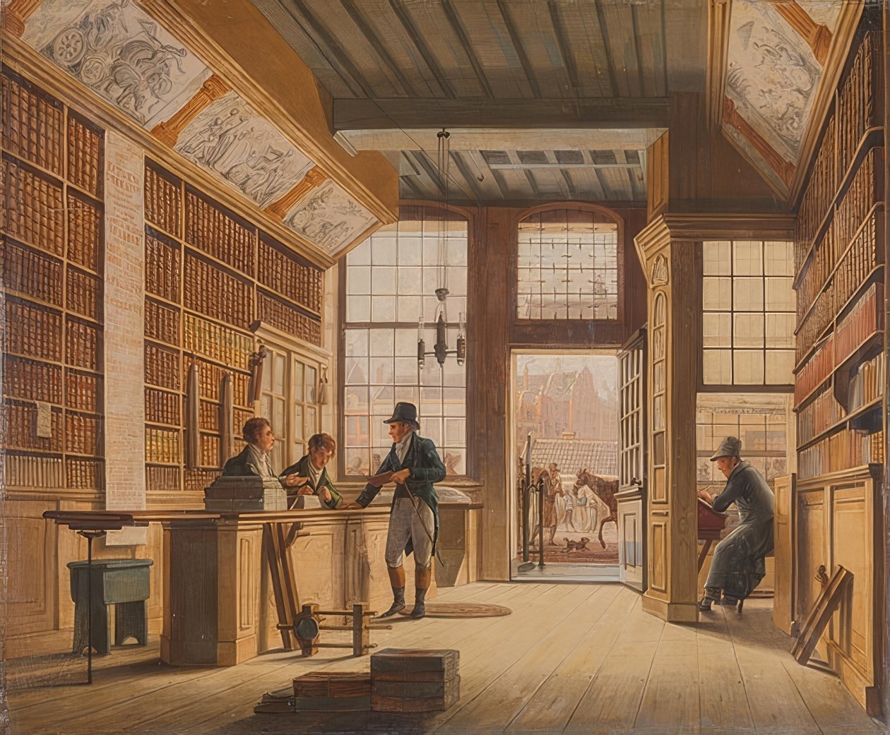 Der Laden desBuchhändlersPieter Meijer WarnarsはアムステルダムのVijgendamです。 1820 作： ヨハネス・ジェルガーフイス