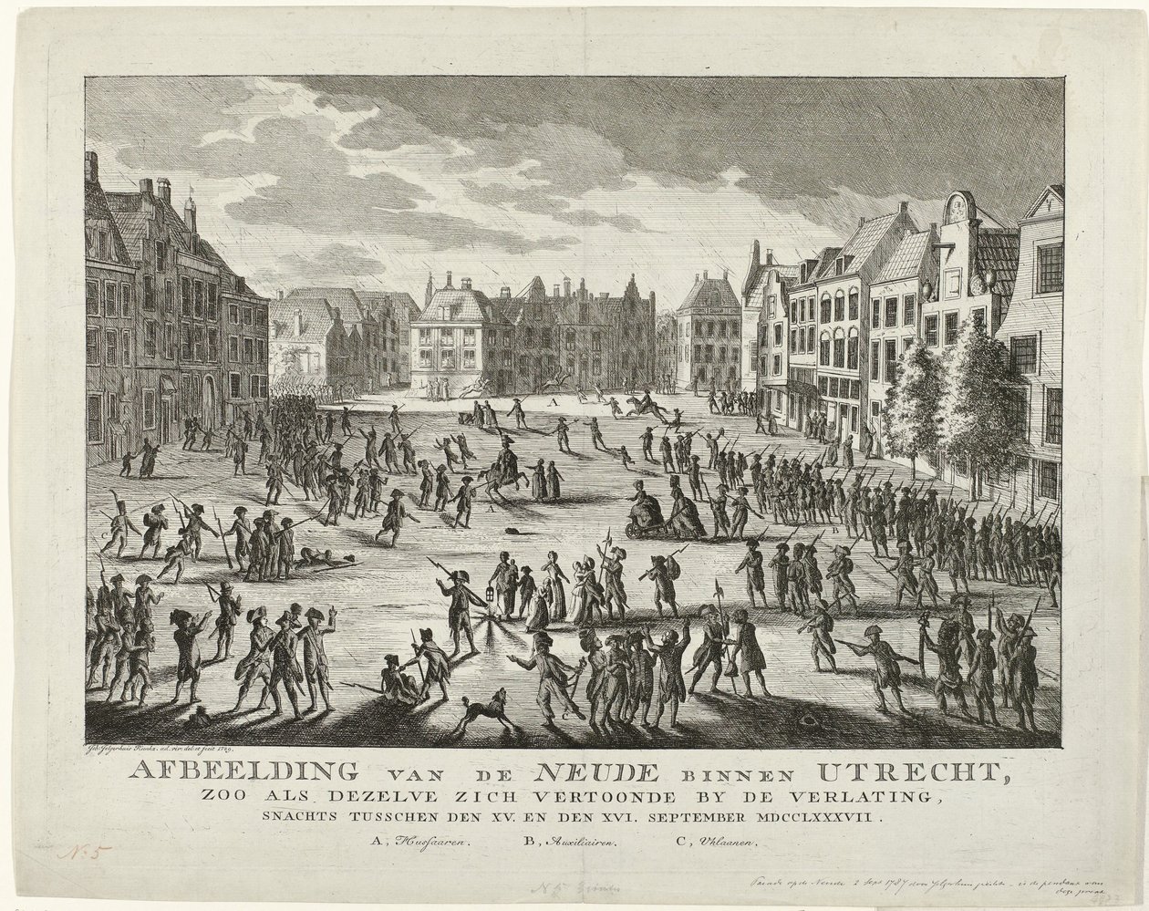 1787年、ユトレヒトのニューデを去る愛国者たち ユトレヒト内のニューデの画像。XV の間の夜、人けのない場所に現れた。 そしてXVI。 9 月 MDCCLXXXVII (オブジェクトのタイトル) 作： ヨハネス・ジェルガーフイス