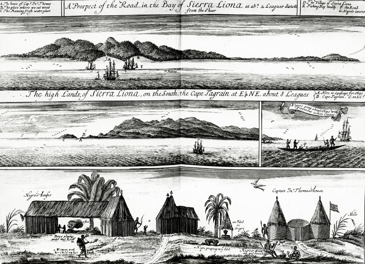 1732年に出版された、オーラシャムとジョンチャーチルの「航海と旅行のコレクション」のvol.5のイラストである、シエラリオナ湾の道路の展望 作： ヨハネス・キップ
