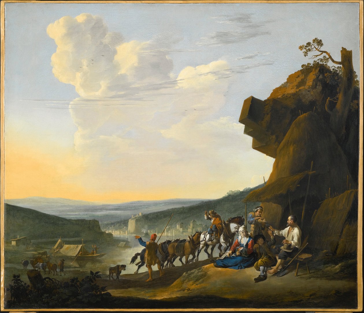 ドイツ語：Südliche Landschaft mit Fähre 湾を望む南部の風景、休憩する旅行者たち 作： ヨハネス・リンゲルバッハ