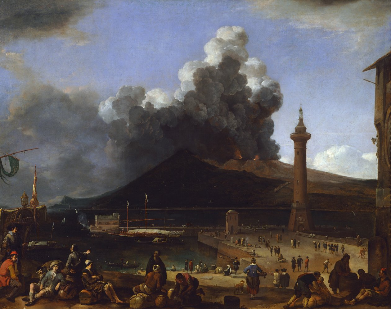 ベスビオ火山が噴火するナポリの港、ヨハネス・リンゲルバッハ（1622-1674）、イタリア 作： ヨハネス・リンゲルバッハ