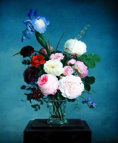 大理石の台座に置かれたガラスの花瓶の中の薔薇とアイリス（油彩・キャンバス 作： ヨハネス・ルードヴィッヒ・カムラッド