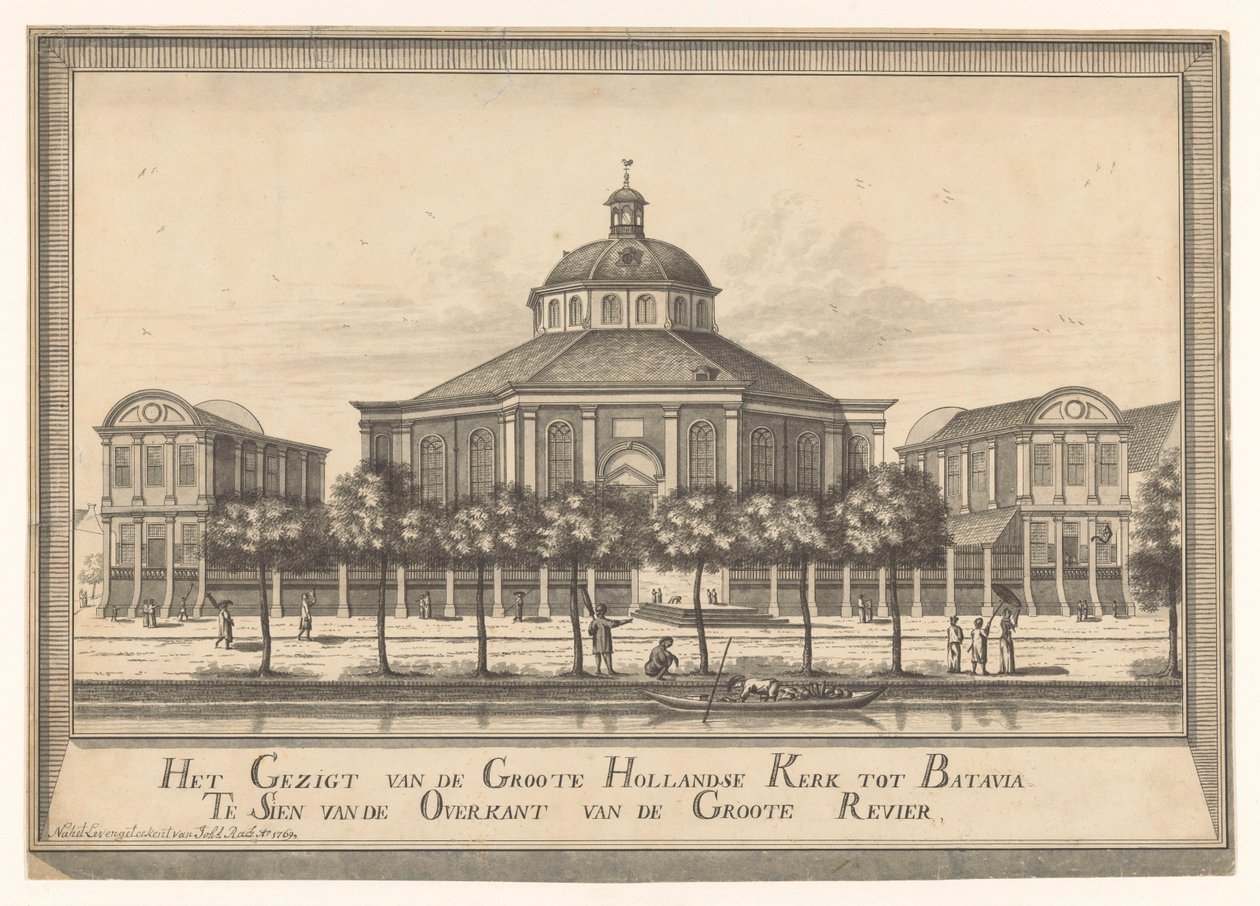 バタビアの新しいオランダ教会の眺め Groote Hollandse Kerk から Groote Revier の反対側から Batavia Te Sien までの眺め (オブジェクトのタイトル) 作： ヨハネス・ラック