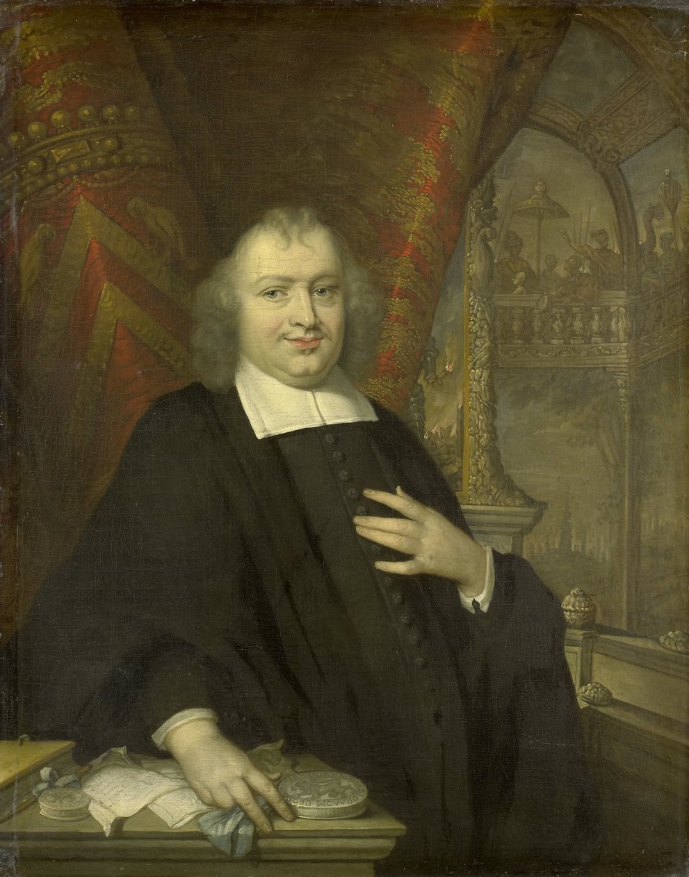 1672年以降のオランダ大年金受給者、ガスパル・ファゲルの肖像 バック グラウンドでハーグのビネンホフでオランダの州の会議ホールです。 作： Johannes Vollevens（I）（コピー後）