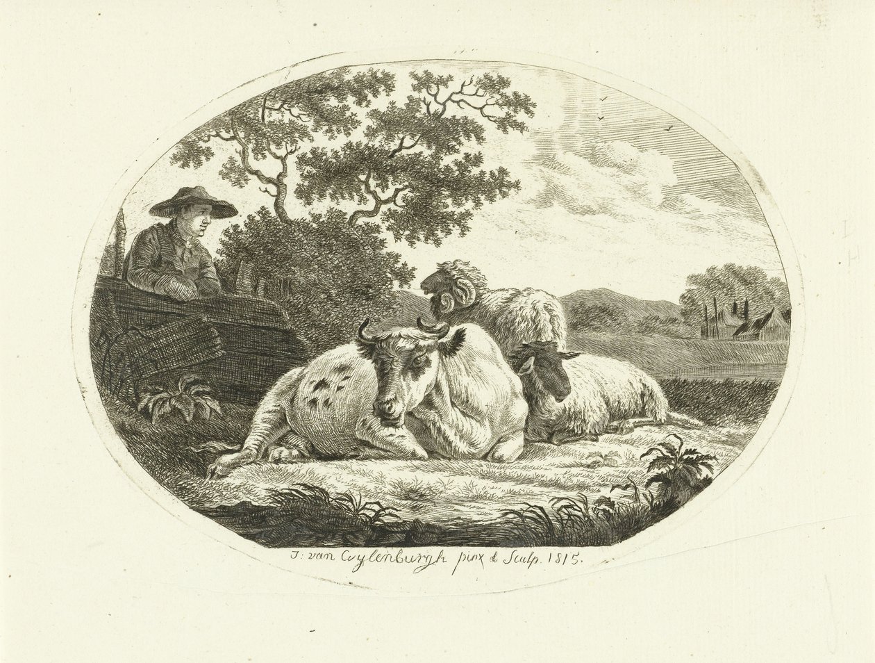 牧草地の牛、羊、雄羊、フェンスにもたれかかる農夫 作： Johannes van Cuylenburgh