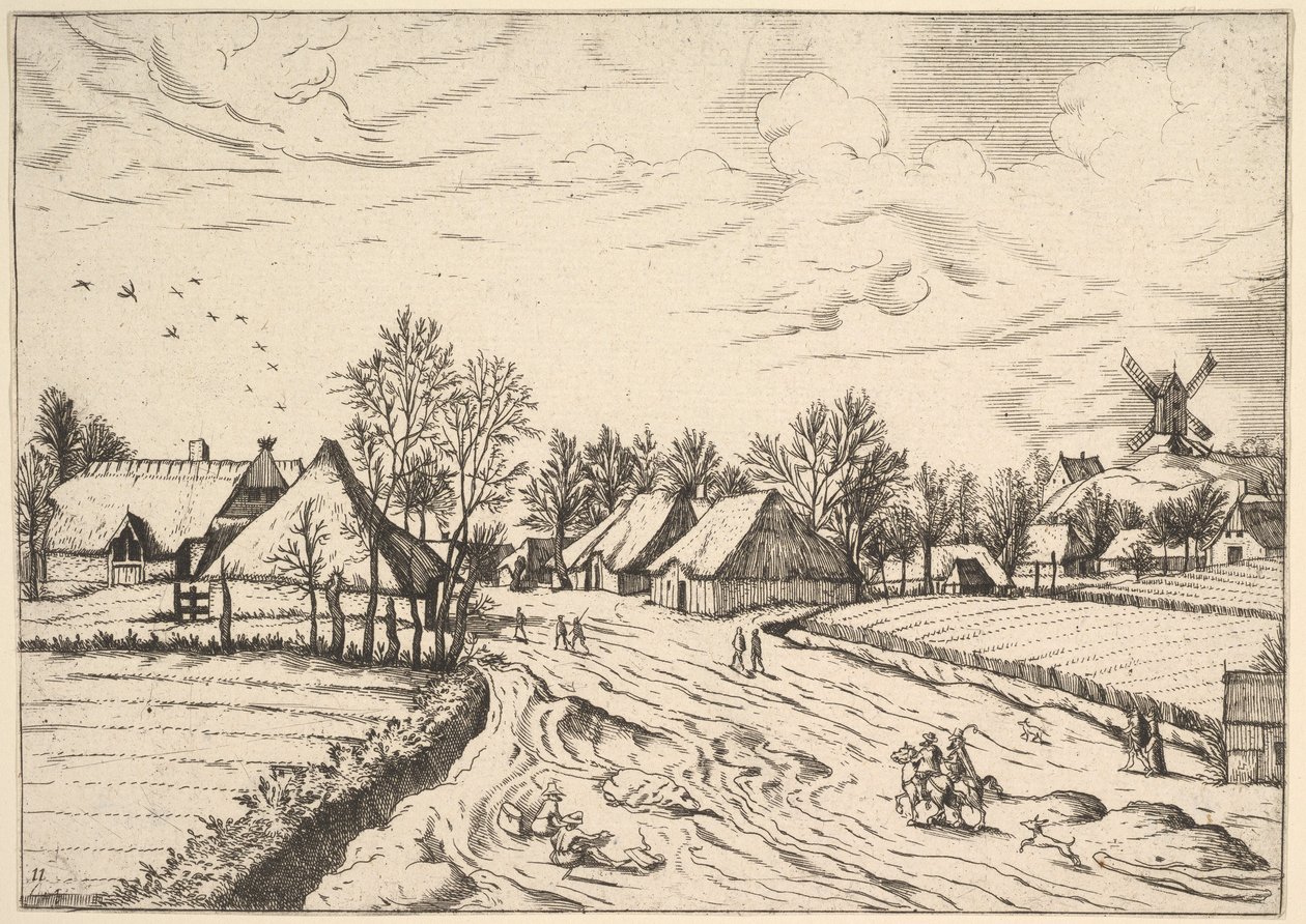 Multifariarum casularum curios features...、1559-61年からのポストミルのあるカントリービレッジ 作： Johannes van Doetecum I