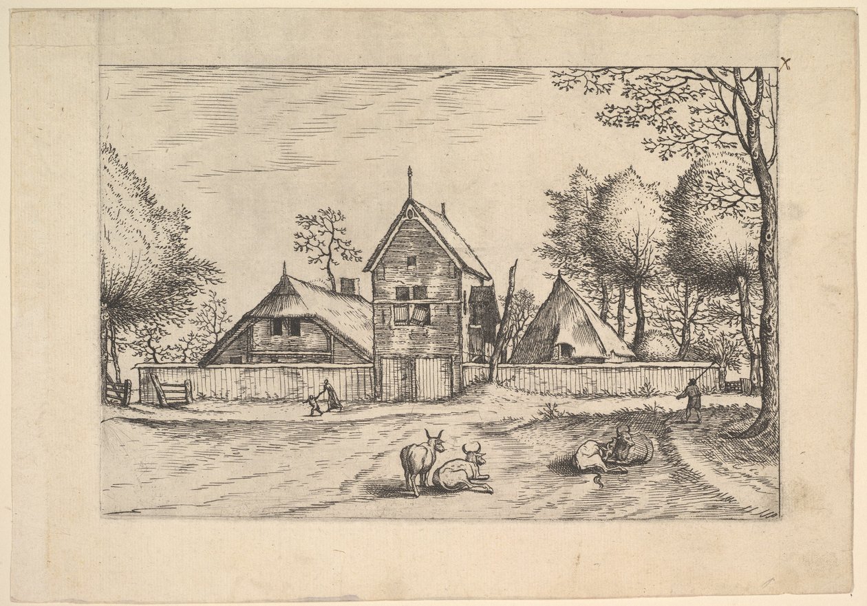 牧場、前景に牛と牧童、『Praediorum villarum et rusticar...』より、1559-61年頃。 作： Johannes van Doetecum I