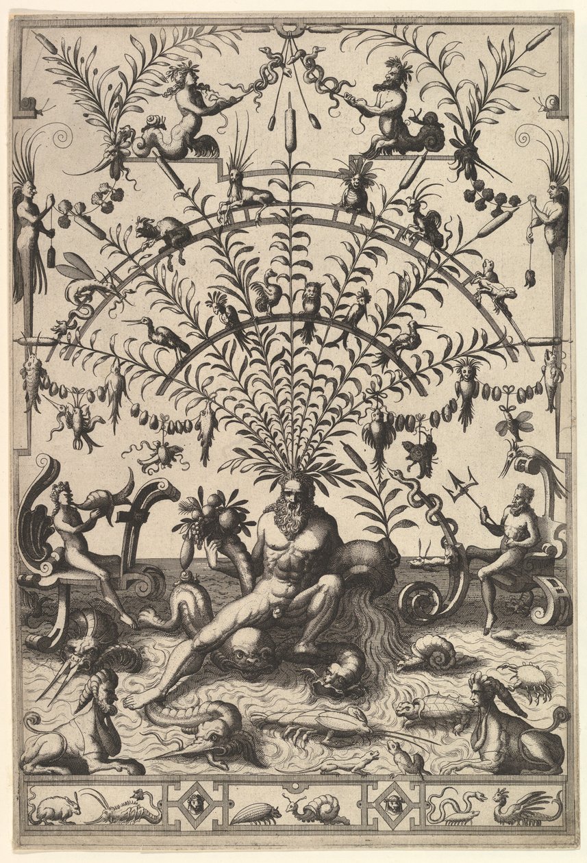 川の神が描かれた近代的なグロテスク装飾 1557年 作： Johannes van Doetecum I