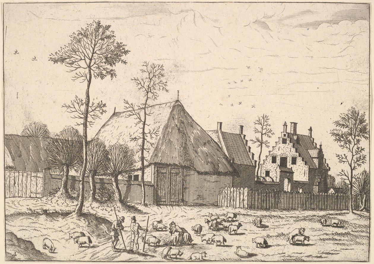 小さな風景、1559-61年からのコテージのある小屋。 作： Johannes van Doetecum I