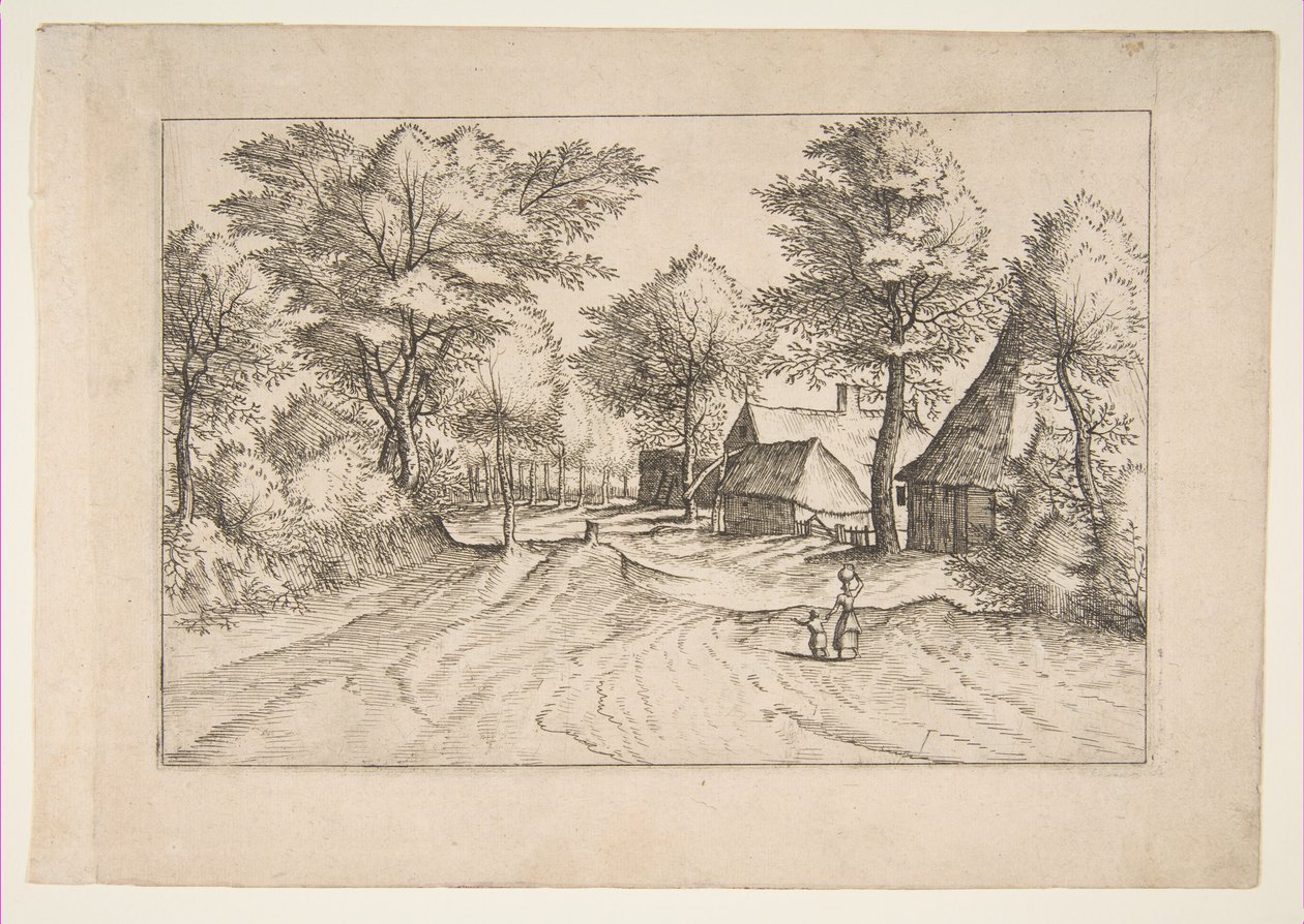 シリーズ、The Small Landscapes Multifariaru...、1559-61 からの農場と小屋のある村の道。 作： Johannes van Doetecum I