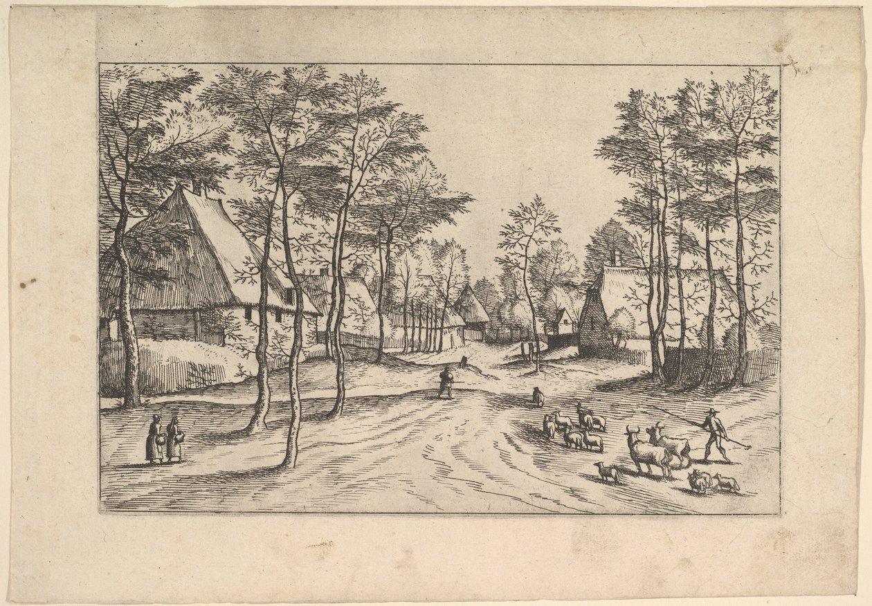 前景にある村の通り、牛、羊、牧夫。 1559-61。 作： Johannes van Doetecum I