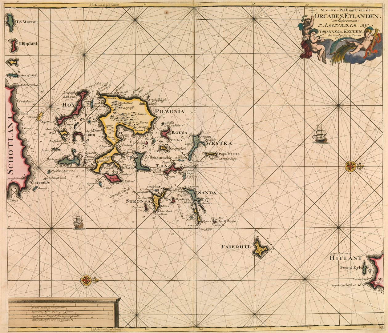 ファン・キューレンの「Great and Newly Enlarged Sea Atlas」に掲載されたOrcades Eylande（オークニー諸島）の海図。 作： ヨハネス・ファン・クーレン