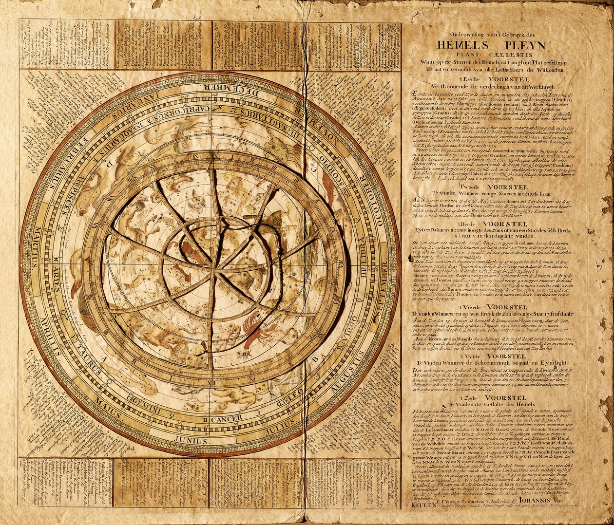 オランダの地図製作者Johannes van Keulen（1654-1715）が製作した天球儀。星座が表現されており、移動式のサークルで月ごとの星の位置を追うことができます。バルセロナ。バルセロナ海事博物館 作： ヨハネス・ファン・クーレン