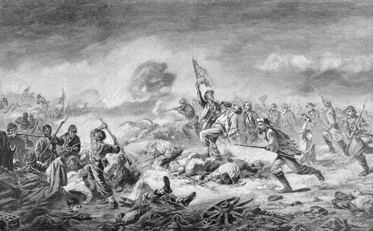 Ernst Heinemann（1848-1912）によって刻まれたクレーターの戦い、「南北戦争の戦いと指導者」のイラスト、Robert Underwood JohnsonおよびClarence Clough Buelによる編集 作： ジョン・アダムス・エルダー