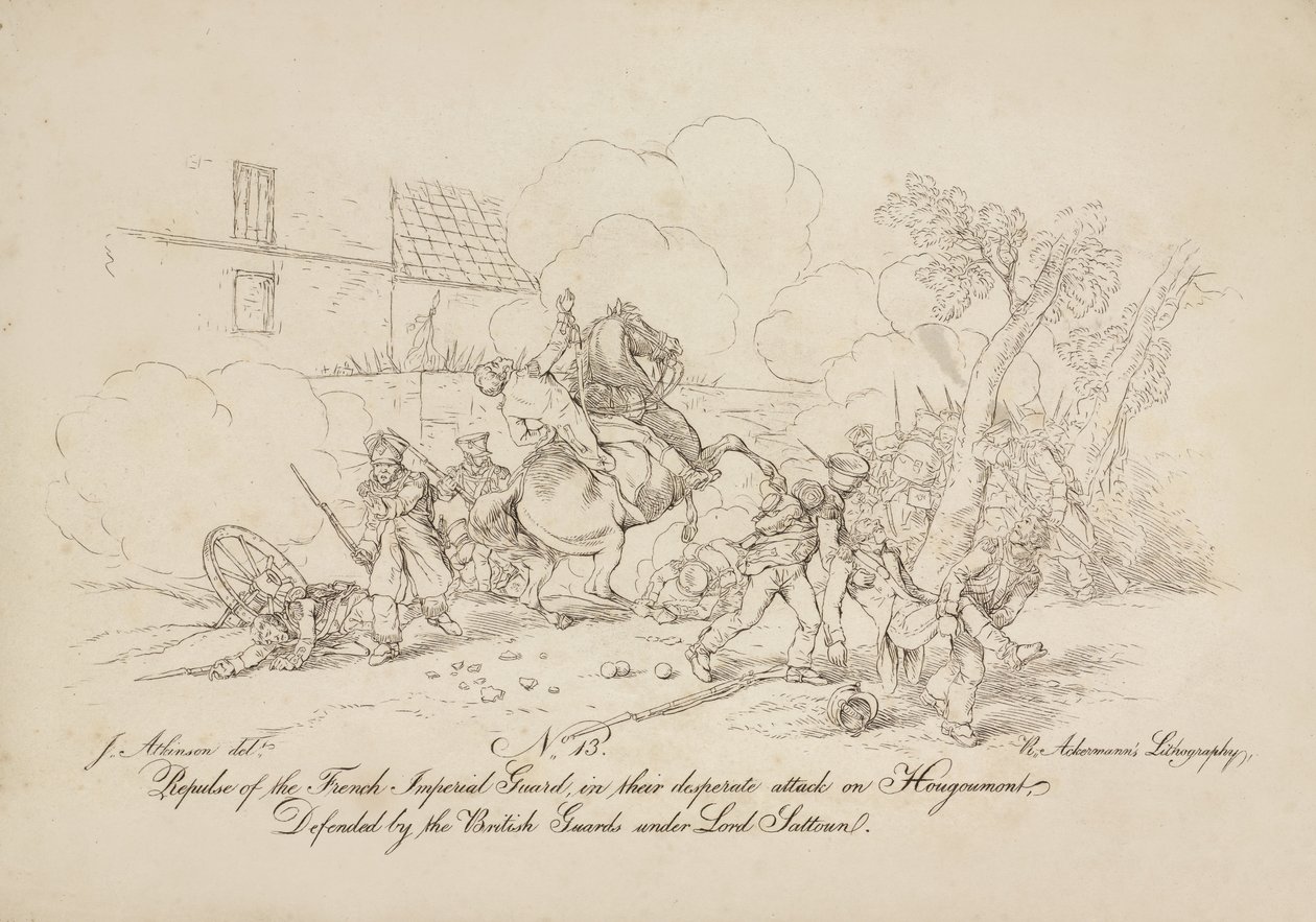1815年、R。アッカーマンによるリトグラフ、サルトゥーン卿の下でイギリス軍の警備員によって防衛されたフーグモンへの必死の攻撃におけるフランス帝国防衛の反発 作： ジョン・オーガスタス・アトキンソン
