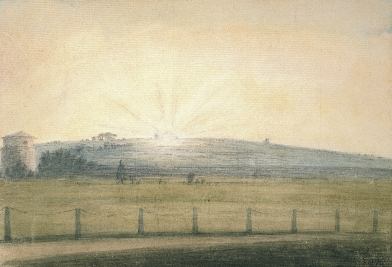 1784年12月20日、オックスフォードの天文台から見た太陽の設定（グラファイトの上に水彩、紙に） 作： ジョン・バプティスト・マルチェア