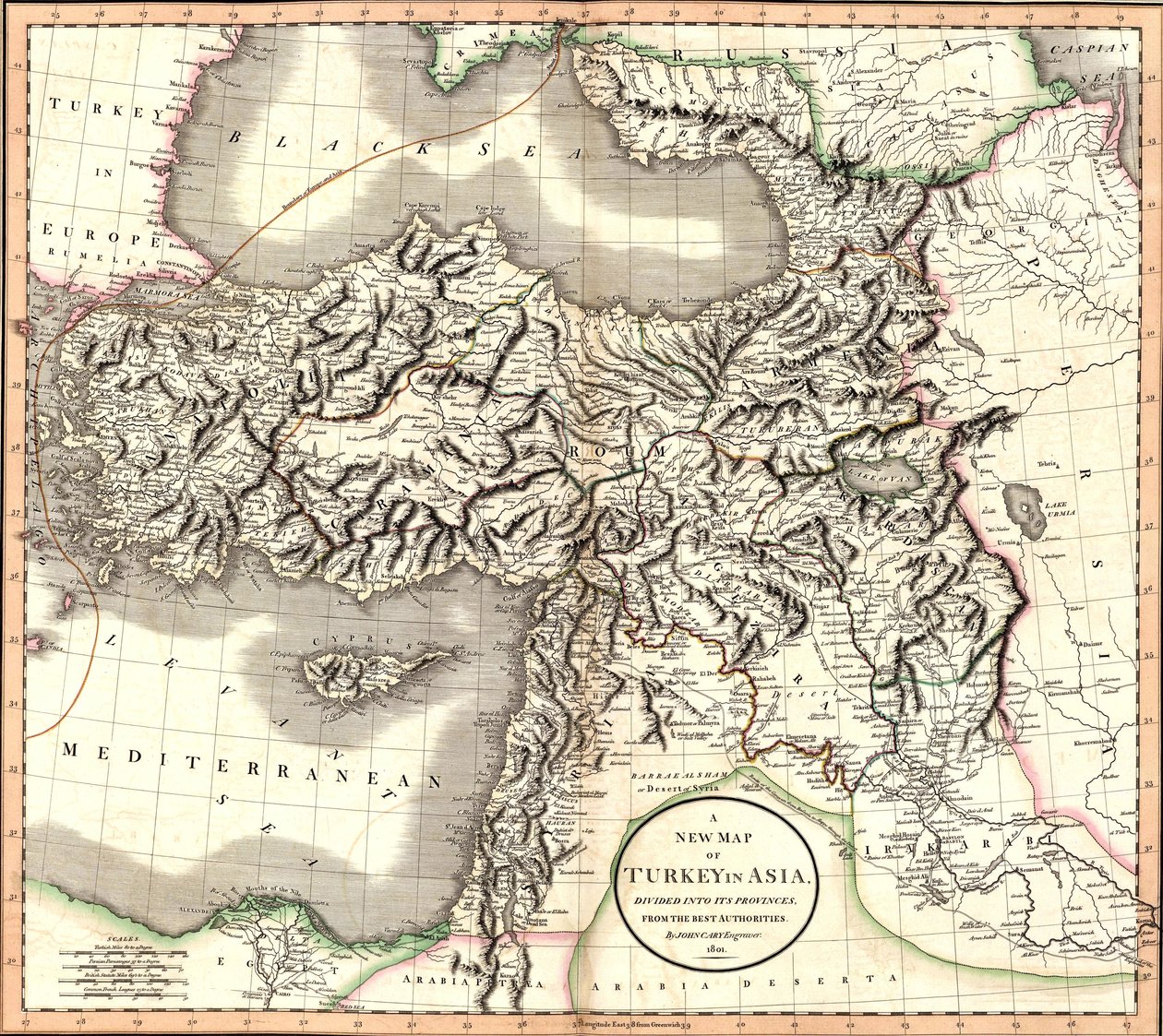 最高の当局からの、その地方に分けられたアジアのトルコの新しい地図。 作： ジョン・ケアリー
