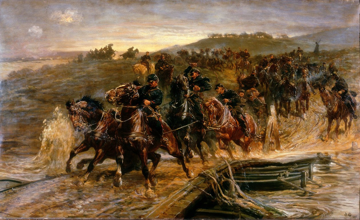 フランスの大砲、浸水したエーヌ川を渡り、銃を救う、1915 作： ジョン・チャールトン