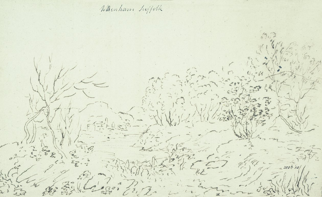 ウェンハムの小川のある風景、1796年（ペンとインク） 作： ジョン・コンスタブル