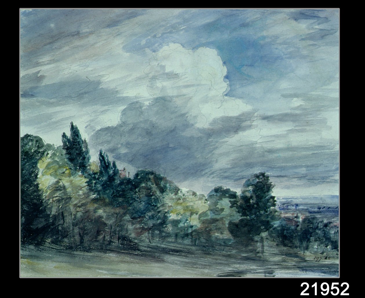 1832年9月、手前に木がある広い風景を眺める（紙に水彩） 作： ジョン・コンスタブル