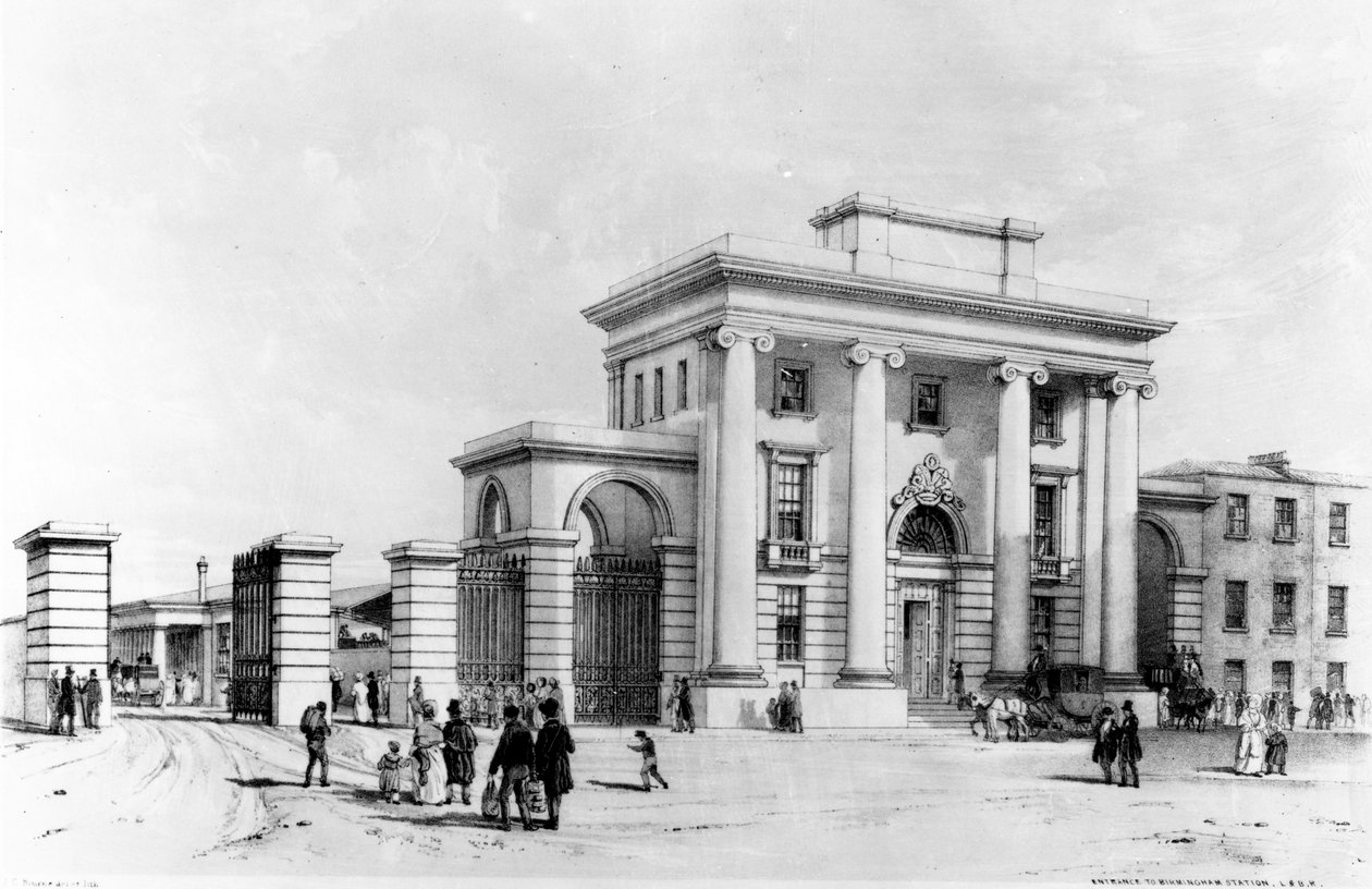 バーミンガム駅への入り口、1838年（ペン、インク、紙の上で洗う） 作： ジョンクックボーン
