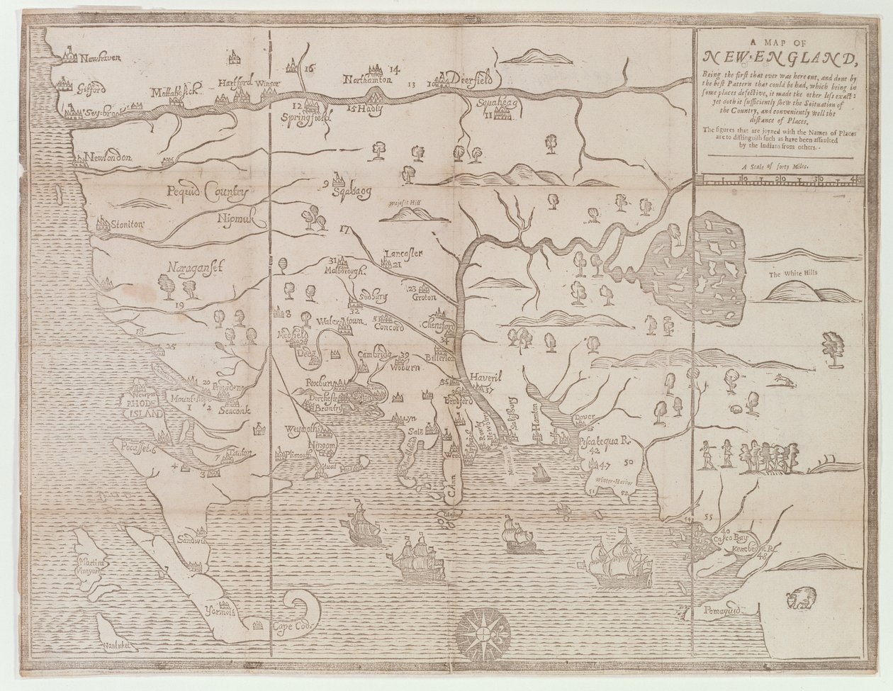 「ニューイングランドの地図、ここで初めてカットされた...」、1677年 作： ジョン・フォスター