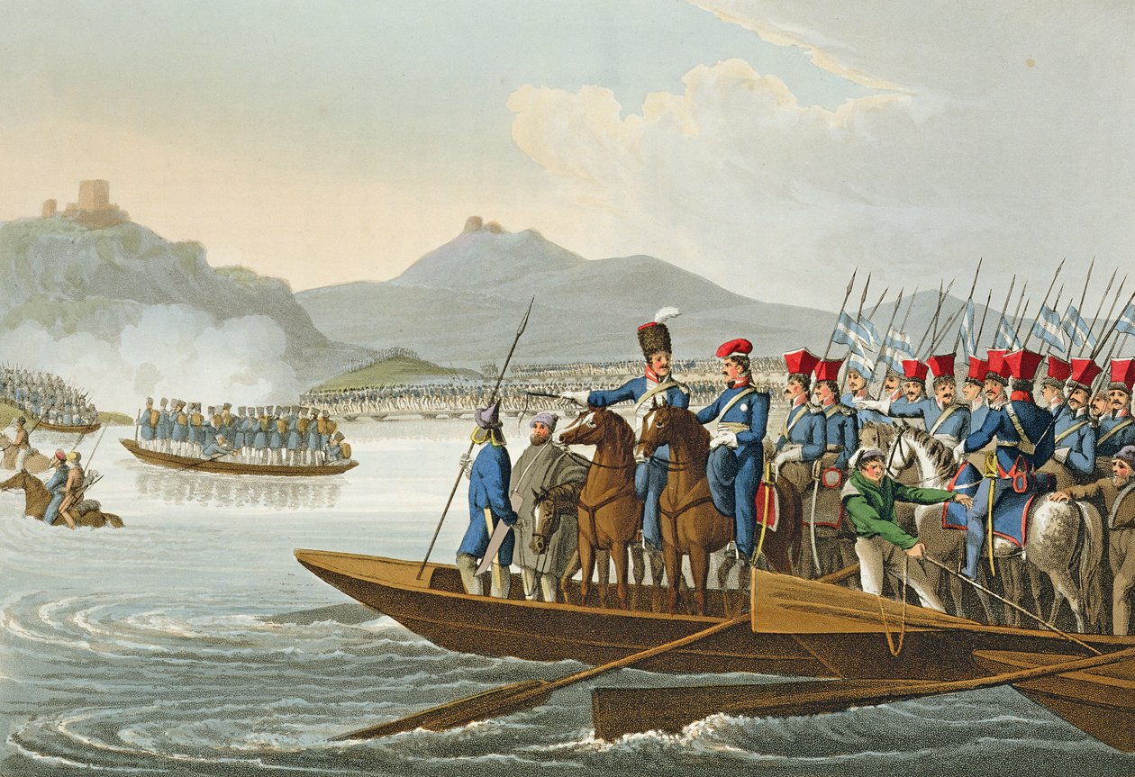 ラインを横断してフランスを侵略する連合軍、1813年、マシュードゥブール（fl.1813-20）が「歴史的、軍事的および海軍の逸話」からパブで彫刻しました。エドワード・オーム（1774-c.1820）1816（アクアチント） 作： ジョン・ヘヴィサイド・クラーク
